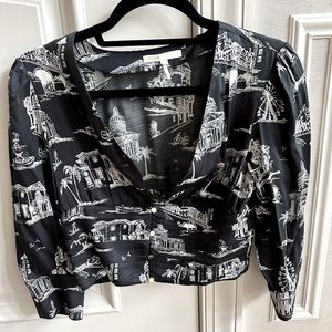Maje Paris Black & White Seine Print Long Sleeve Cropped Button-Up Blouse
